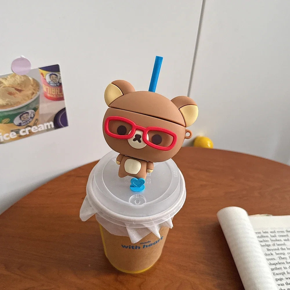 Cute Cartoon Rilakkuma Bear Earphone Case For Airpods 1 2 3 4 Pro 2 3 3D Wireless Bluetooth Headset Protective Soft Cover
