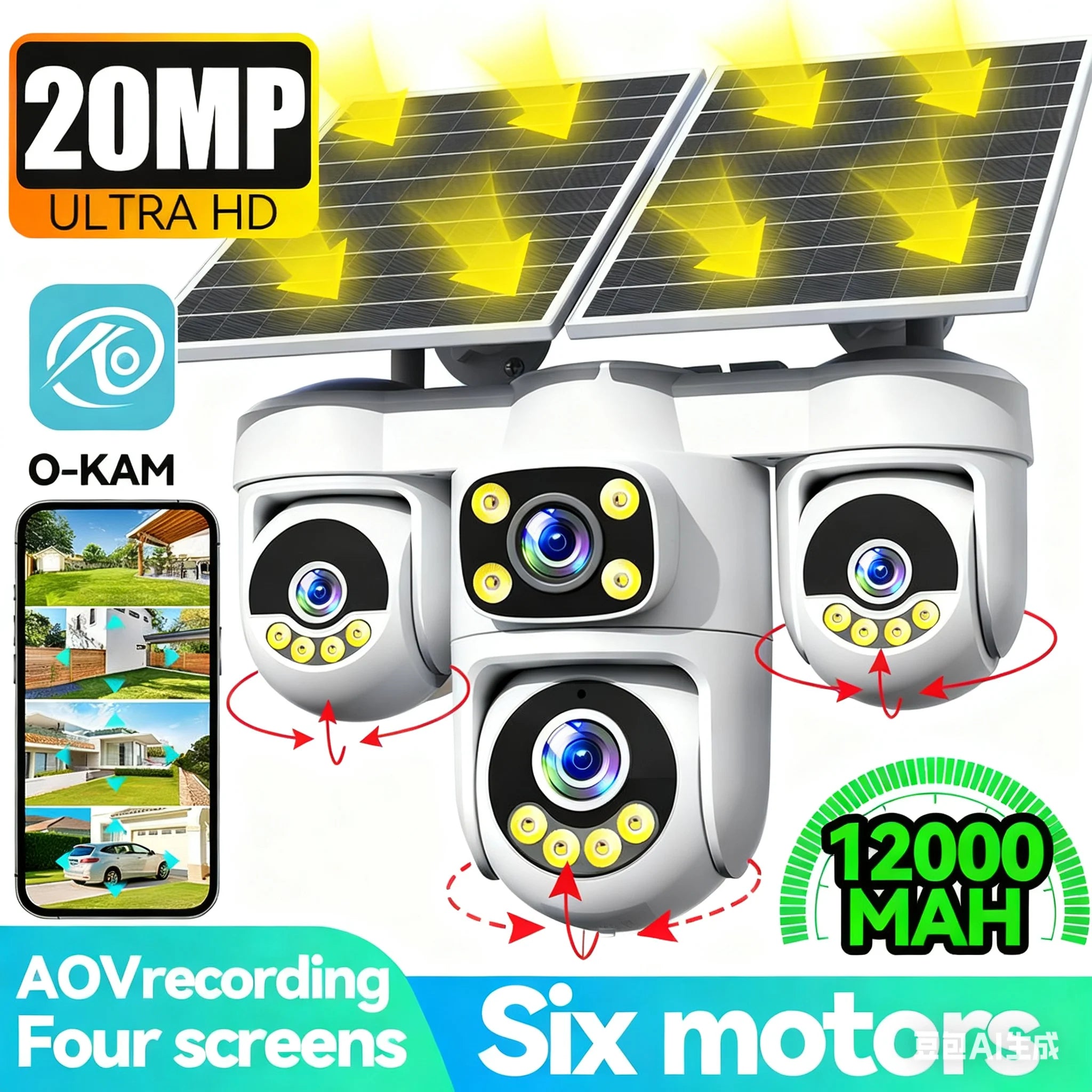 No Wiring Needed! Solar Security Camera 20MP, 360° Auto Tracking, Permanent Power, Full Color Night Vision, 2-Way Audio, IP66