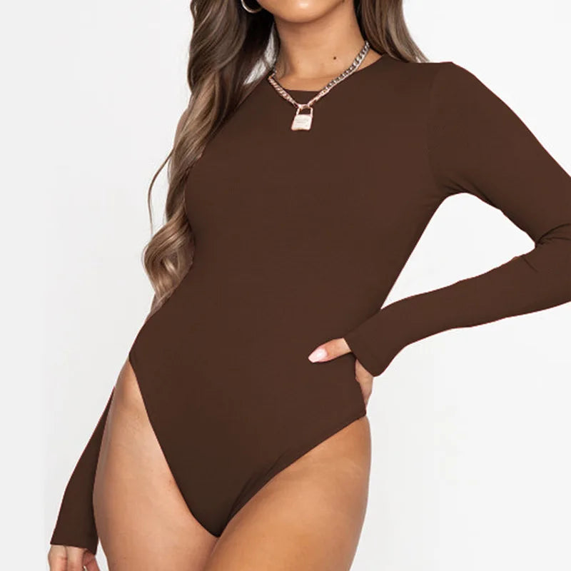 New Long Sleeve Bodysuit for Women Slim Fit Bodycon Bodies Casual One-Piece Jumpsuit Fall Winter Outfits Black Brown