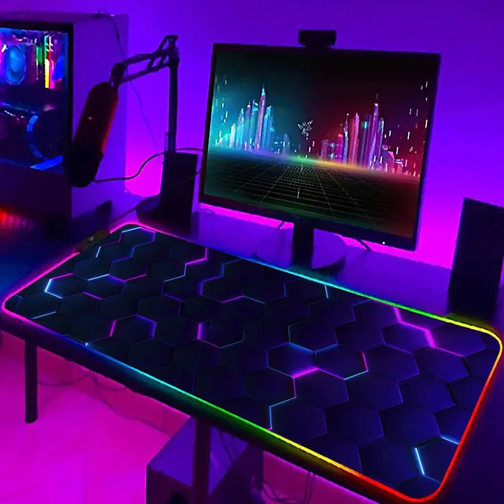 XXL RGB Gaming Mouse Pad 3D Geometric Desk Mat Game Accessories Large LED Light Rubber Anti-slip PC Computer Carpet with Backlit