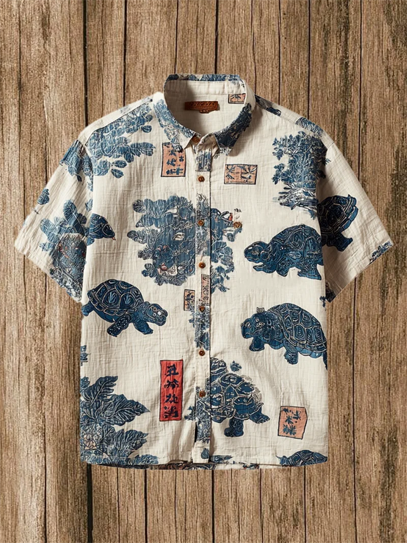 Hawaiian Summer 3D Cat Printed Men's Linen Shirt Casual Short Sleeve Shirt Loose, Vintage, Funny Men's Costume