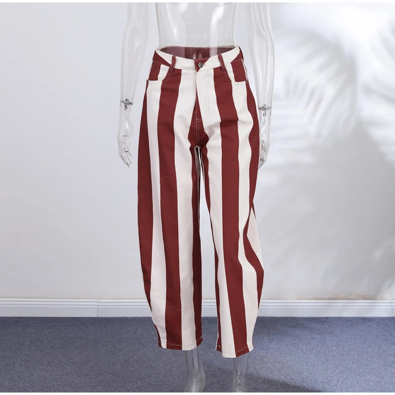 Casual Women's Red Striped Pants Button Zipper Double Pockets Straight Straight Leg Trouser 2026 Spring Summer Fashion Lady Pant