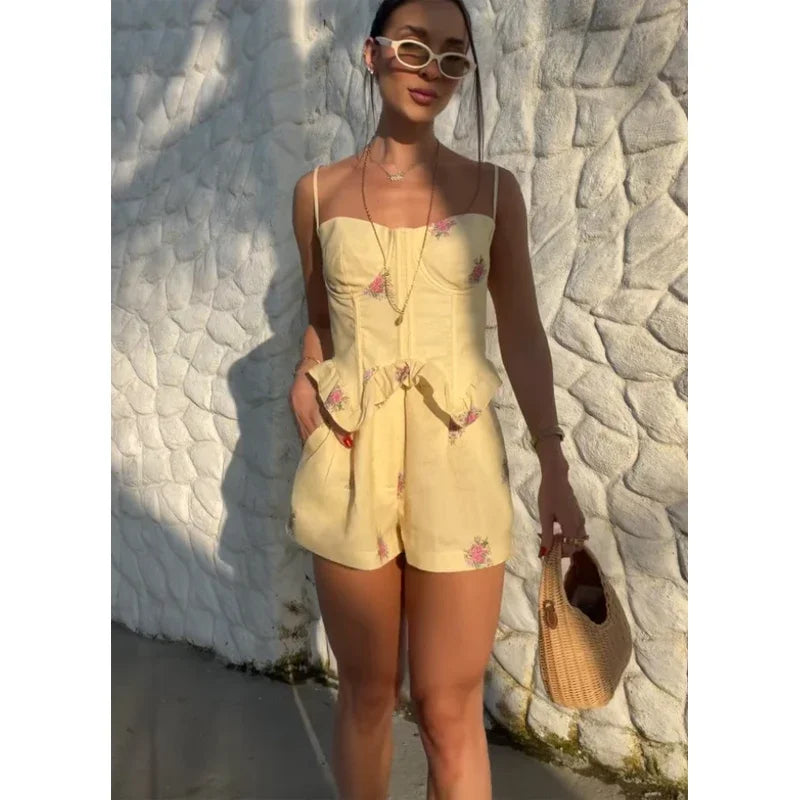 Fashion Print Spaghetti Strap Top Shorts Set Women Sleeveless Ruffled Hem Cropped Fishbone Corset Suit 2026 Lady Vacation Outfit