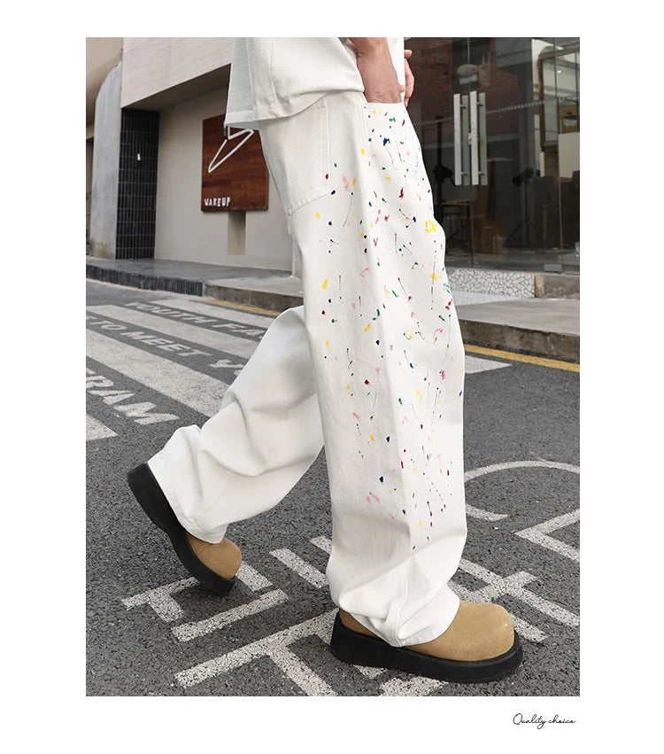 Men's Color Ink White Denim Jeans Cityboy Streetwear Fashion Hip Hop Loose Casual Wide Leg Baggy Jeans Y2k Pants