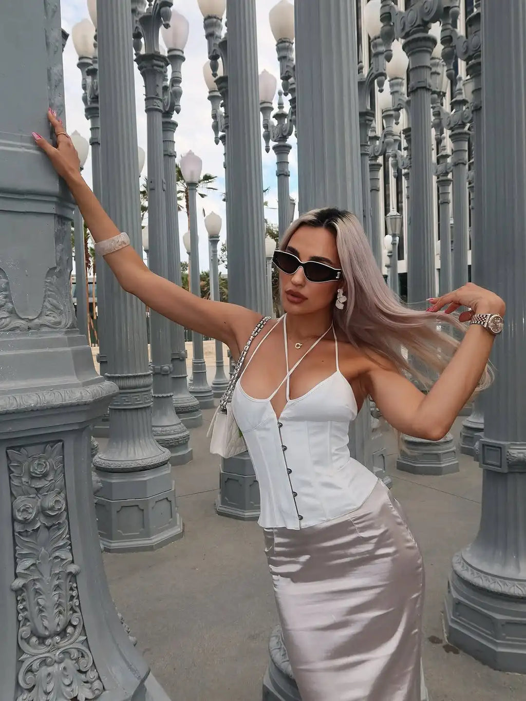 Guz White Satin Corset with Adjustable Back Straps, Slimming and Elegant Style, Strapless V-Neck Top, White Bodycon Skirt with Safety Shorts Design, Sexy Hot Girl Outfit
