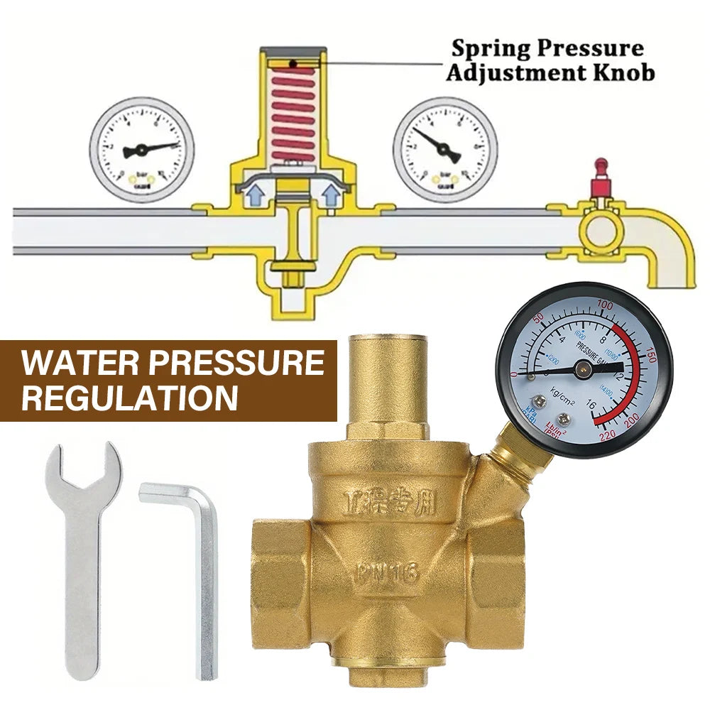 Water Pressure Regulator Brass Pressure Regulator DN20/15 Brass Adjustable Water Pressure Regulator Reducer with Gauge Meter