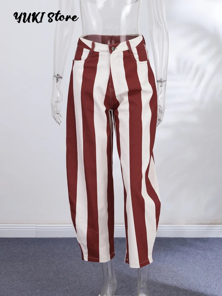 Street Fashion Stripe Women's Pants Zipper Button Pocket Wide Leg Multicolor Vertical Pants 2026 Spring Summer Lady Trousers
