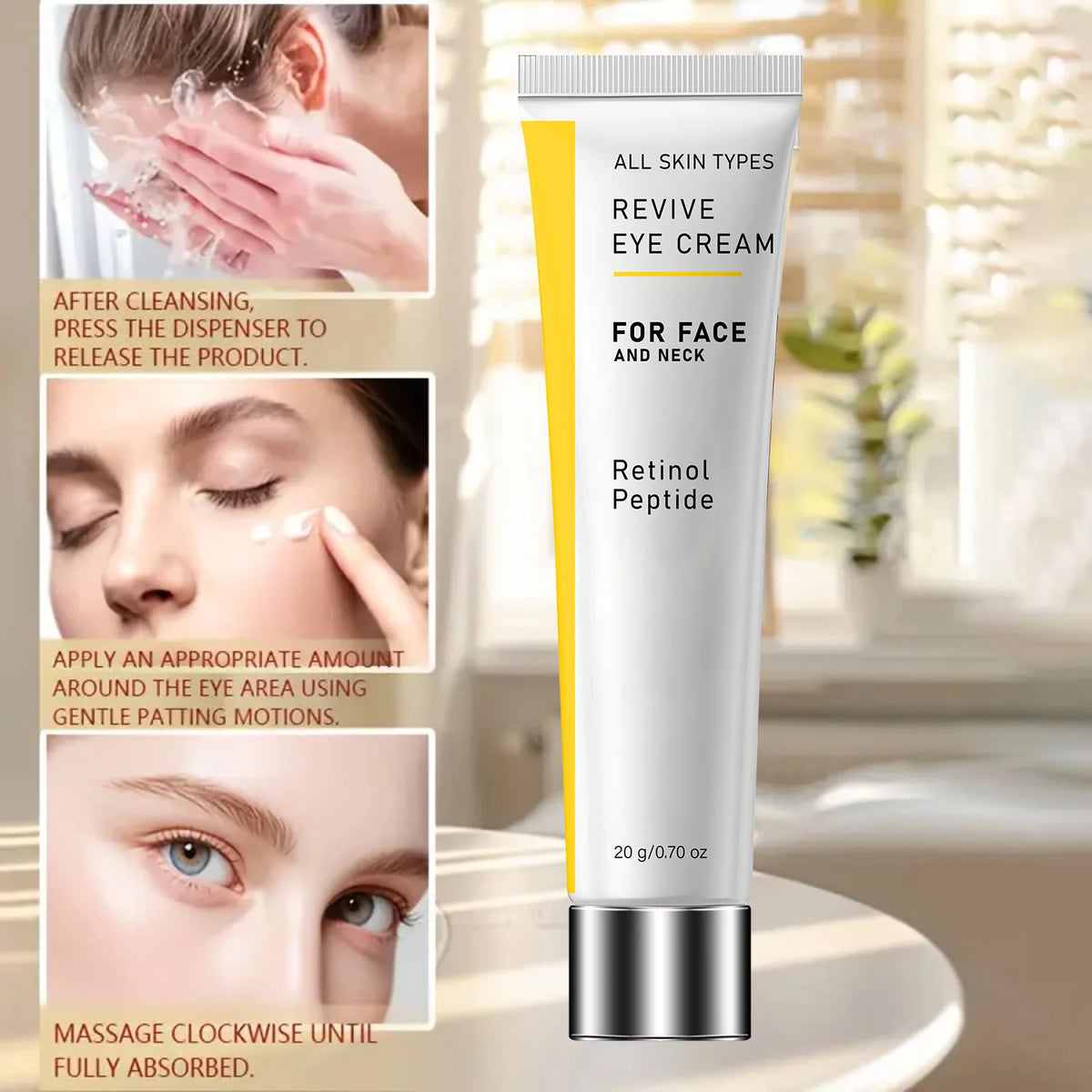 Revive Polypeptide Eye Cream. Retinol Peptide Anti-Aging Formula. Gentle Face Neck Care. Hyaluronic Acid Hydration. 20g