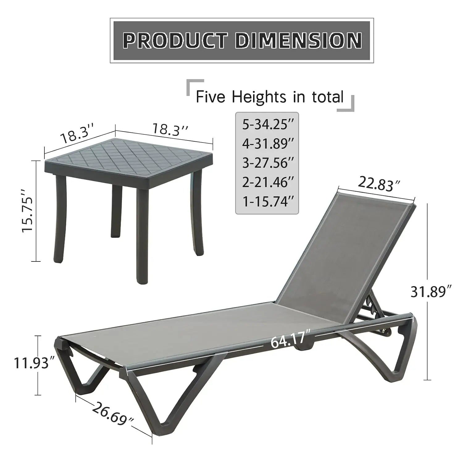 Aluminum Chaise Lounge with Side Table, 5-Position Adjustable Backrest & Wheels, All-Weather Outdoor Patio Furniture, Customized