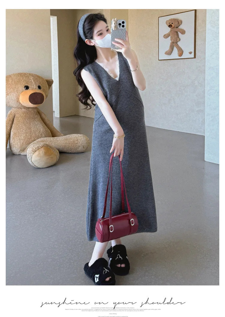 Maternity Suit  Autumn High-End Lazy Style Versatile Long Coat And Lace Paneled V Neck Straight Tank Dress Two Piece Set