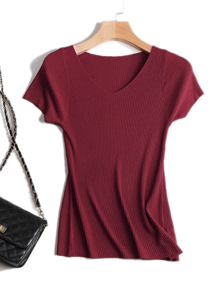 Pullover knitted Short Sleeve knitted Sweater Women Spring Summer Slim Basic Solid Casual Base Female knitting shirts 2024 Korea