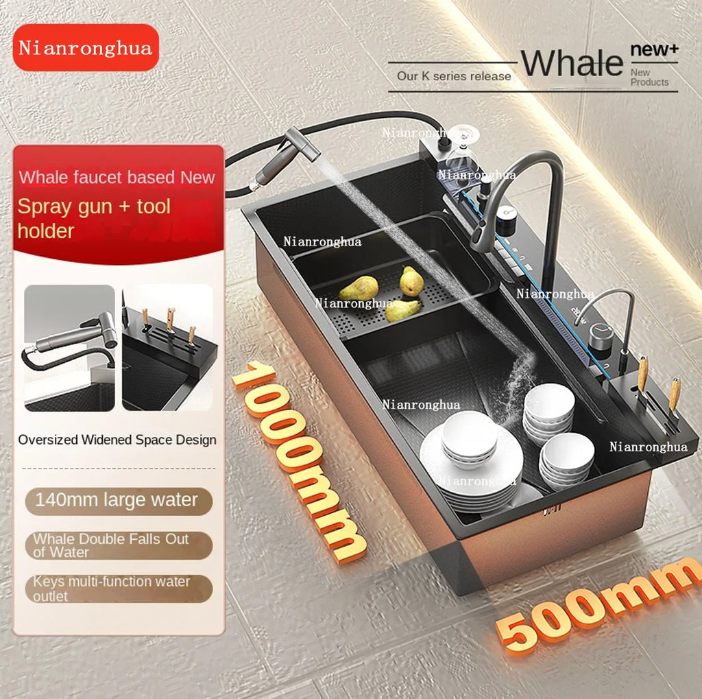 2026 Tiktok Newest Design 30 Inch Waterfall Faucet Black Bionic Honeycomb 304 Stainless Steel Big Single Bowl Kitchen Sink