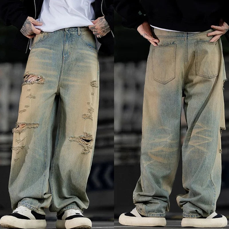 Fashionable Ripped Men's Jeans High Street Vintage Washed Pure Cotton Denim Pants Loose Straight Leg Casual Daily Male Trousers