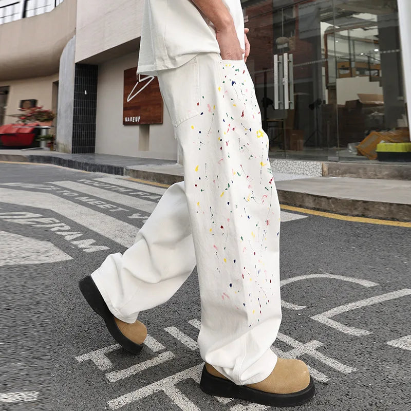 Men's Color Ink White Denim Jeans Cityboy Streetwear Fashion Hip Hop Loose Casual Wide Leg Baggy Jeans Y2k Pants