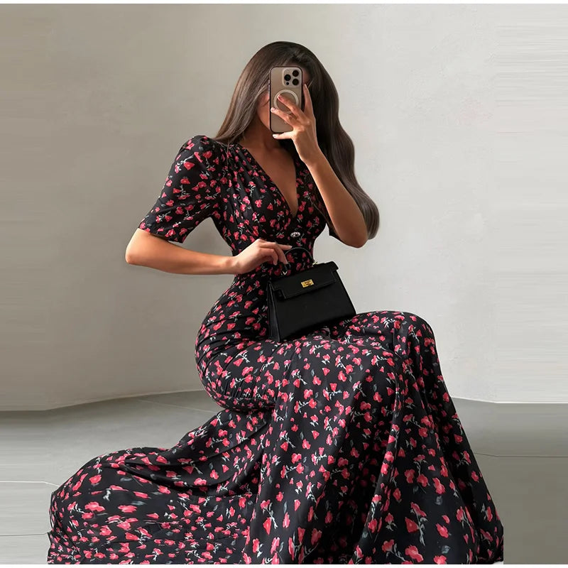 Slim Printed Waist-cinching Fishtail Dress 2026 Summer New Ladies Sexy V-neck Short Sleeve Split Long Robes Women's Party Gowns