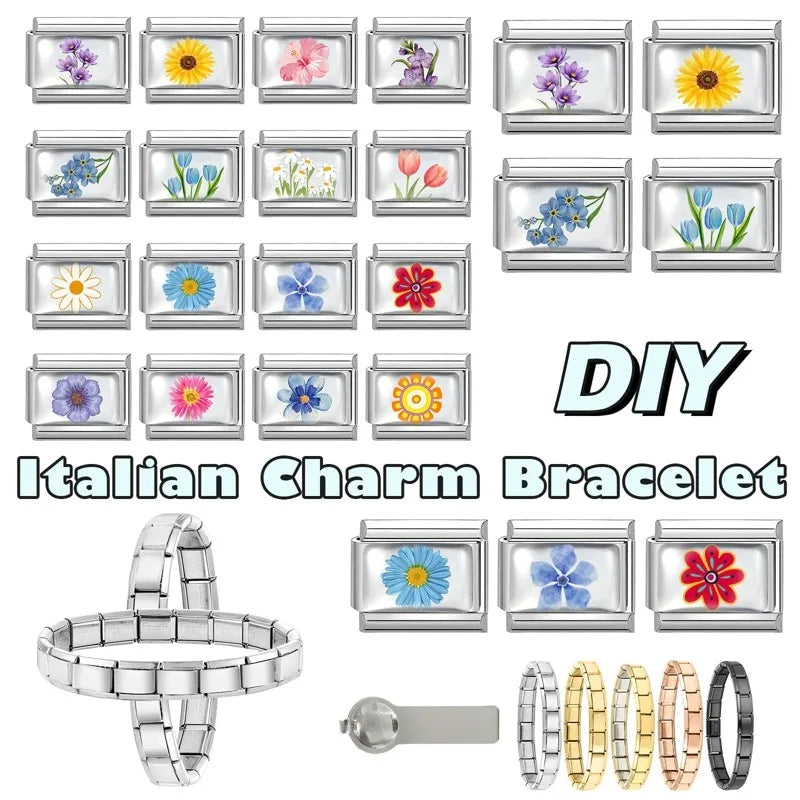2025 Women's Fashion Colorful Flowers Sunflower Tulip Orchid Daisy Italian Charms Fit 9mm Stainless Steel Bracelet DIY Jewelry