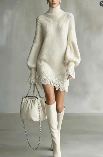Women's Knitted Lace Splice Mini Dress Elegant Turtleneck Solid Fashionable Spring Autumn Vintage Casual Retro Loose Dress
