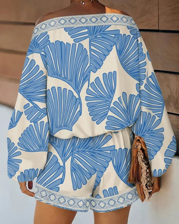 Women'S Tropical Leaf Print Two-Piece Set: Asymmetrical Neck Ruffled Puff Sleeve Top And Elastic Waist Shorts with Pockets