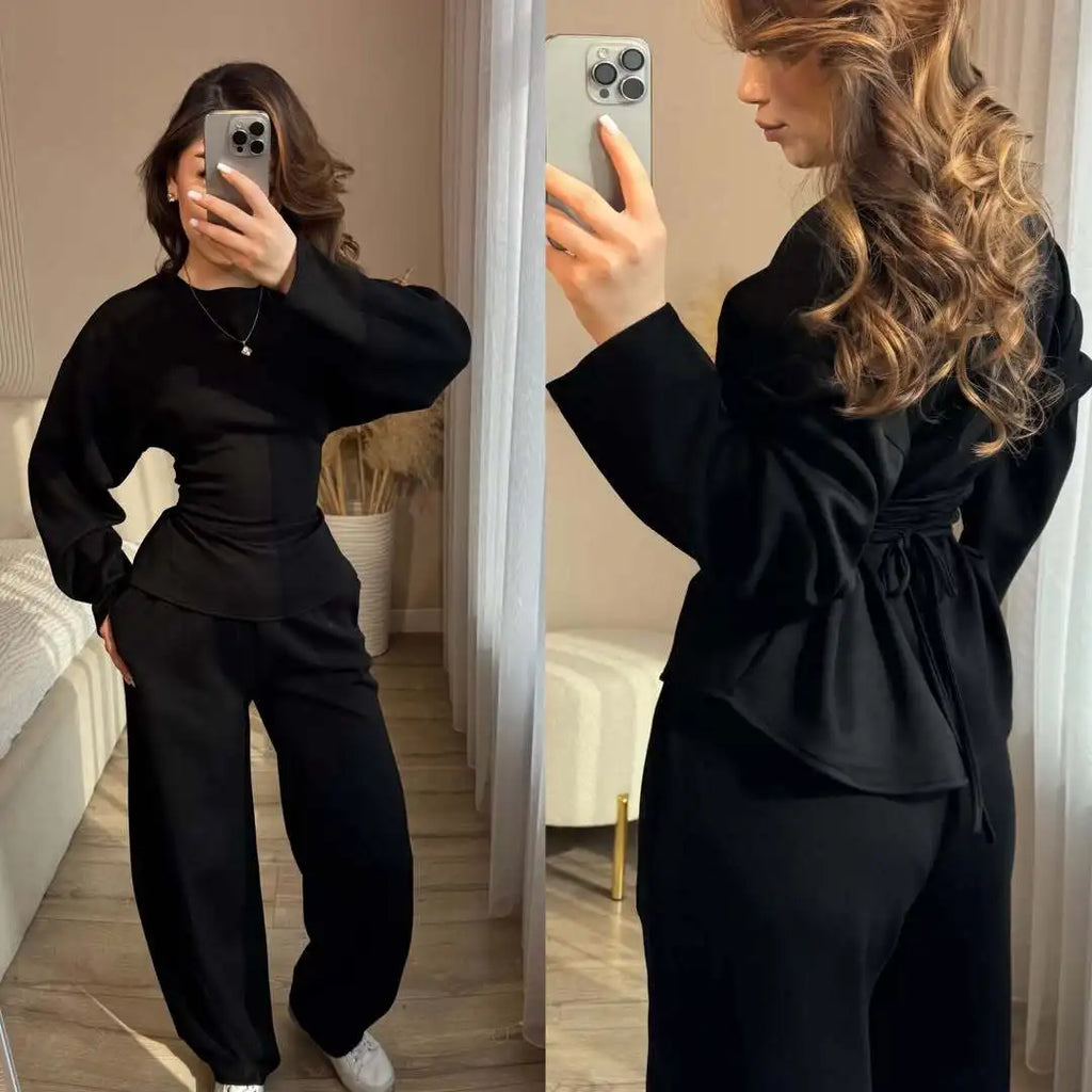 Women's 2 Piece Long Sleeve Top and Wide Leg Pants Set Casual Solid Color Pullover Sweatshirt and Trousers Lounge Wear Outfit
