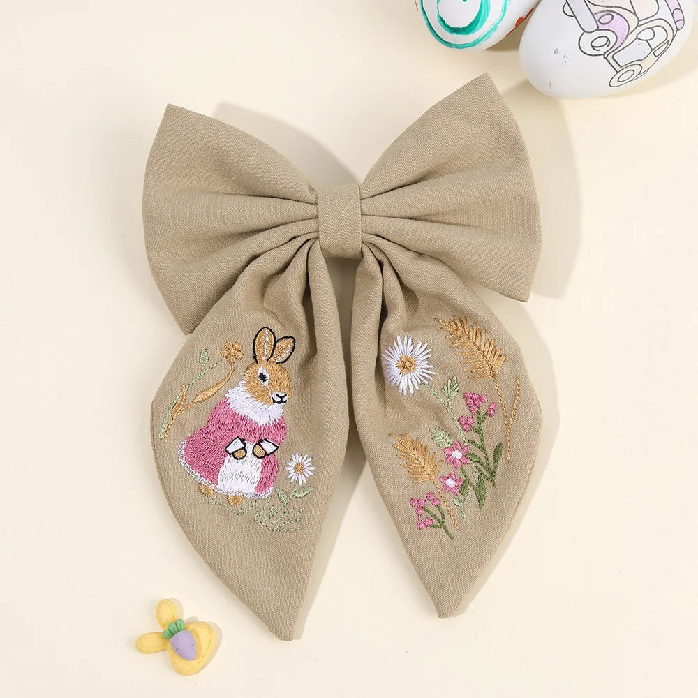 Rabbit Embroidery White Bow Hair Clip Sweet Girls Bunny Bowknot Hairpin Handmade Fabric Kids Cute Headdress Headwear Accessories