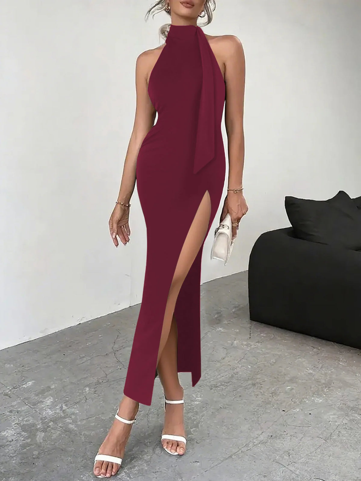 2026 New Arrival Women Sexy Backless High Split Maxi Dress Flowy Tie Strap Long Dress