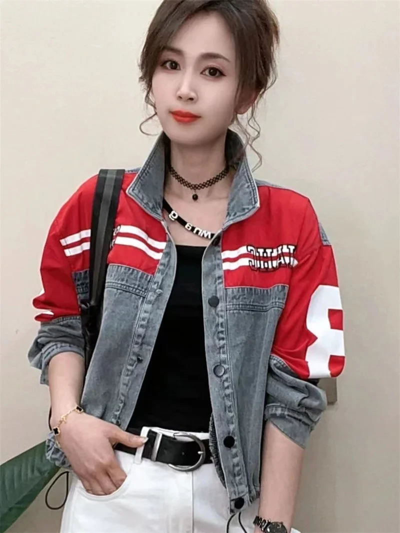Denim Jacket Women's 2025Spring Autumn New European Fashion Cowboy Coat Female Trend Contrast Jeans Outwear Design Sense Outcoat