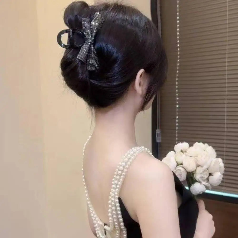 New Bow Hair Clip Simple Elegant Romantic Full Diamond Bow 8CM High Ponytail Shark Clip Hair Accessories Diamond Bow Headwear