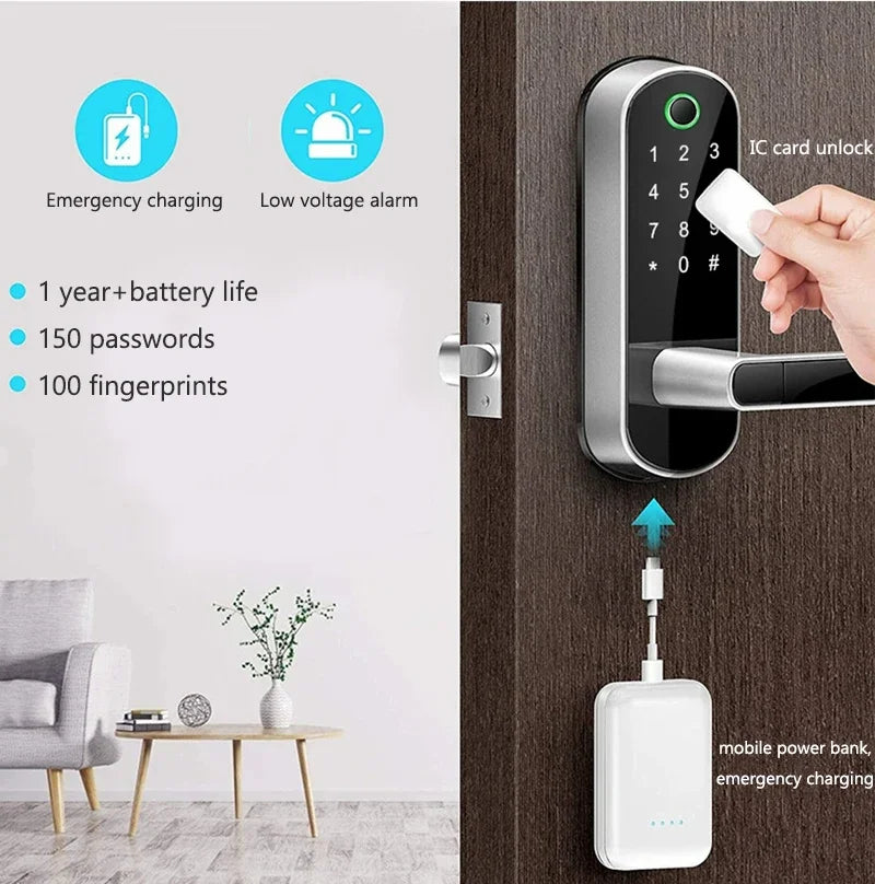 Tuya Smart Fingerprint Door Lock App Remote Control Keyless WIFI Digital Touchscreen Lock NFC with 2 IC Cards IP68 Waterproof