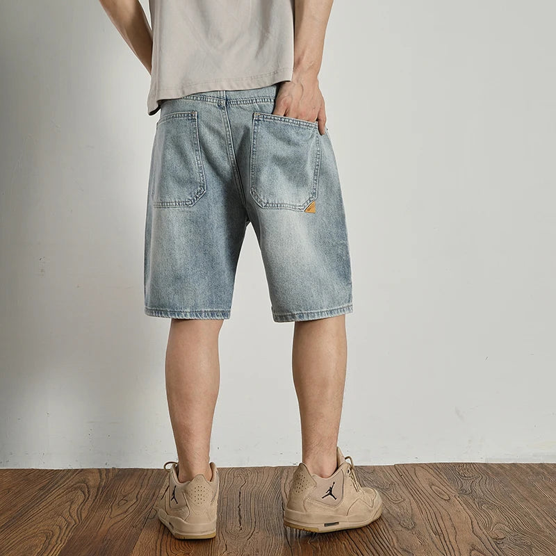 Retro classic summer casual medium pants five quarter pants fashion loose straight leg light denim shorts men's fashion