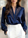 Elegant Style Long Sleeve Lace Patchwork Blouse Women's Commute V-Neck Shirt Polyester Fiber Printed Casual Top