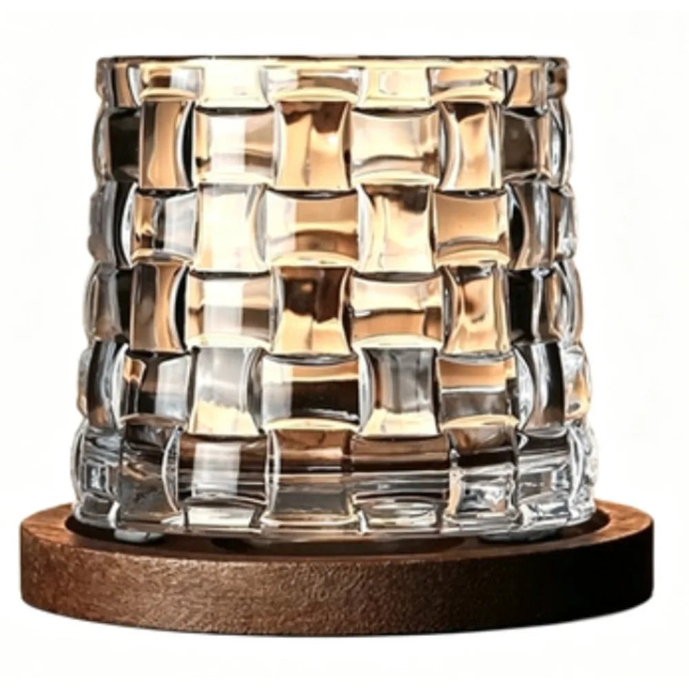9 Oz Crystal Whiskey Tumbler Swivel Old Fashioned Glass with Round Wooden Coaster for Family Gatherings Cocktail Party Bar