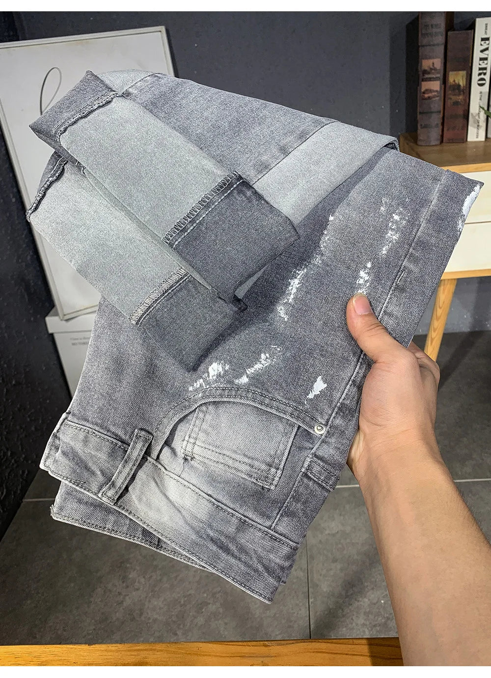 Men Painted Flared Denim Jeans Spliced Slim Boot Cut Pants Vintage Grey Cotton Released Hem Trousers