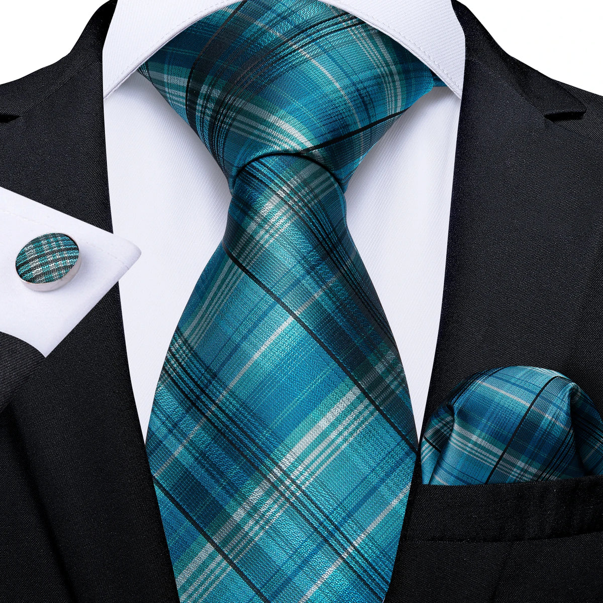 8cm Men's Polyester Ties Pocket Square Cufflinks Green Gold Paisley Wedding Party Accessories Necktie Gift