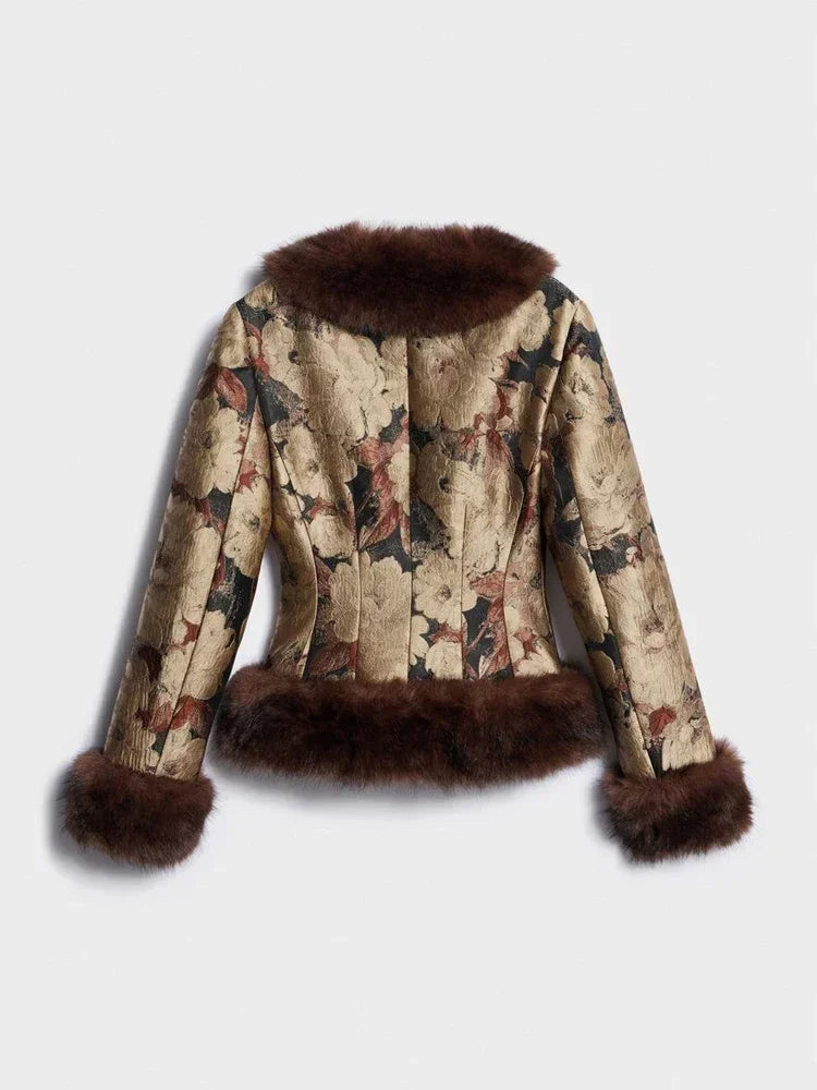 Floral Jacquard Faux Fur Trim Jacket V Neck Single Button Long Furry Cuff Cropped Coats 2026 Vintage Winter New Warm Party Coat