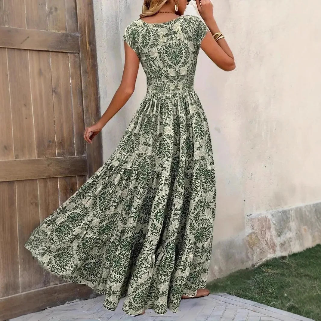 Women's Summer Retro Fashion Floral Printed Sexy V-neck Short Sleeve High Waist Medium Length Bohemian Loose Holidays Dresses