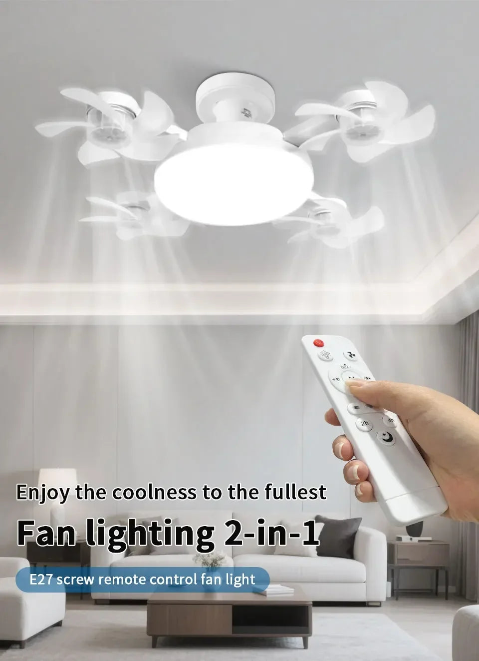 E27 Fan Light 2-in-1 60W  Drone Design Ceiling Fan Light with Remote Control AC85-265V Fan Lighting Bulb for Home Restaurant