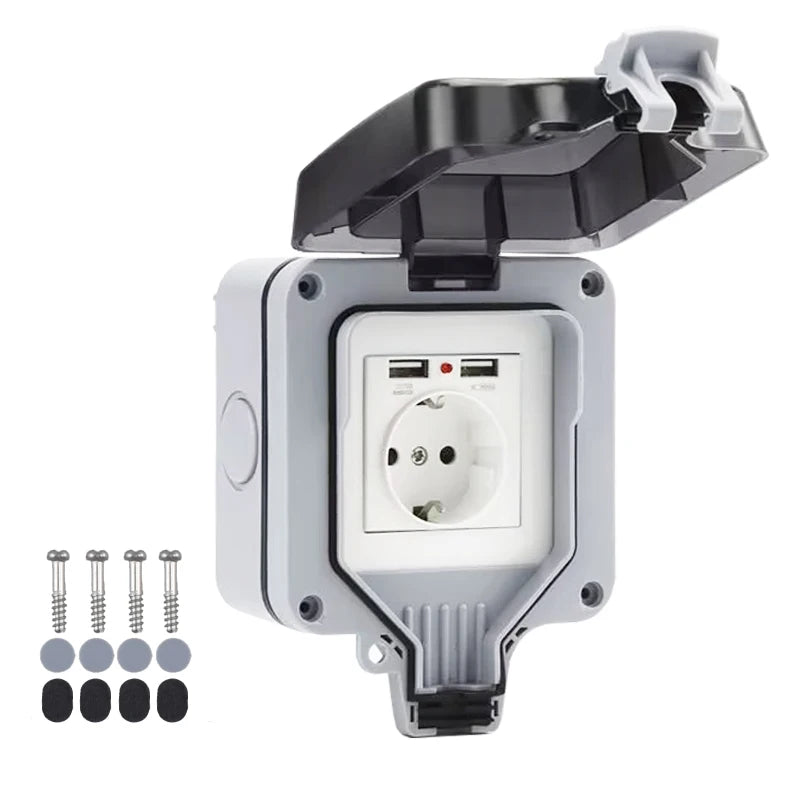 Double EU Socket Power Supply Switch Socket 16A Outdoor Wall Power Socket With USB Charging for Home& Garden IP66 Weatherproof