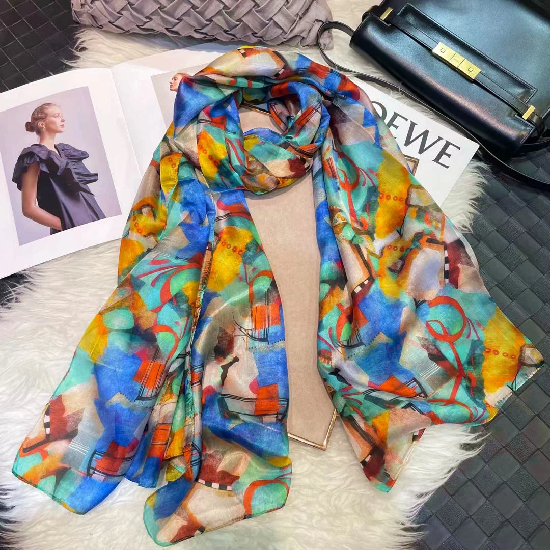 100% Mulberry Silk Scarf Shawl Brand Plum Bossom Design Blue Green Summer Beach Silk Shawls Scarfs Fall Winter Neck Head Scarf