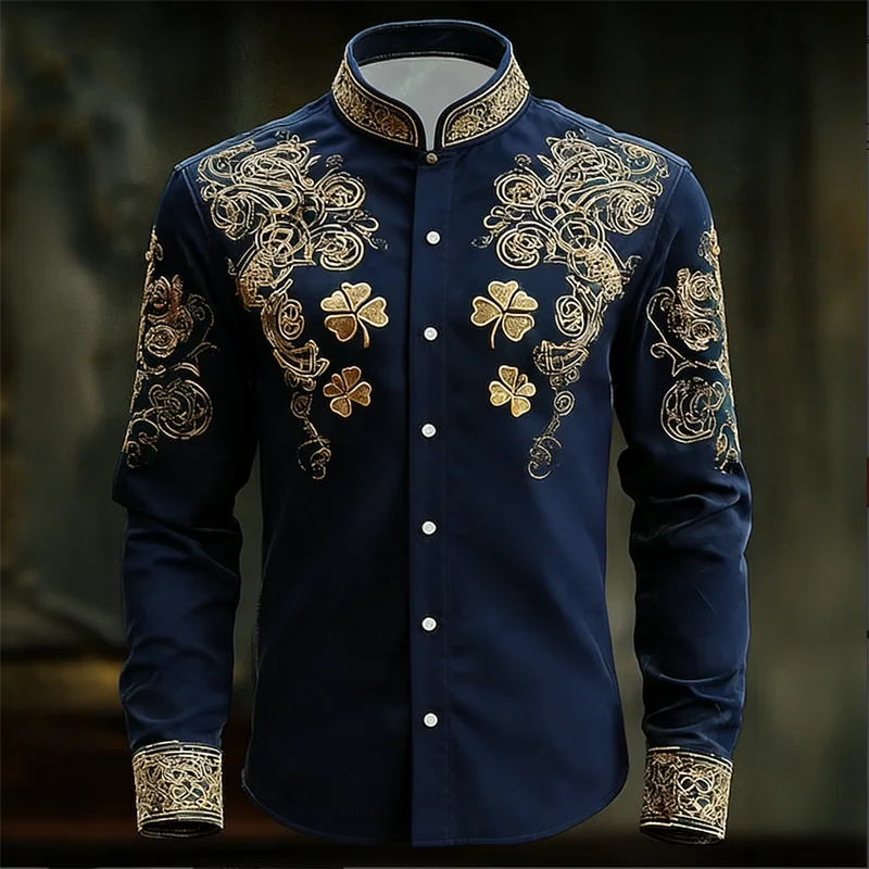 New Men's Floral Long Sleeved Shirt with Gold 3D Clover Print, Fashionable and Luxurious Long Sleeved Shirt Top