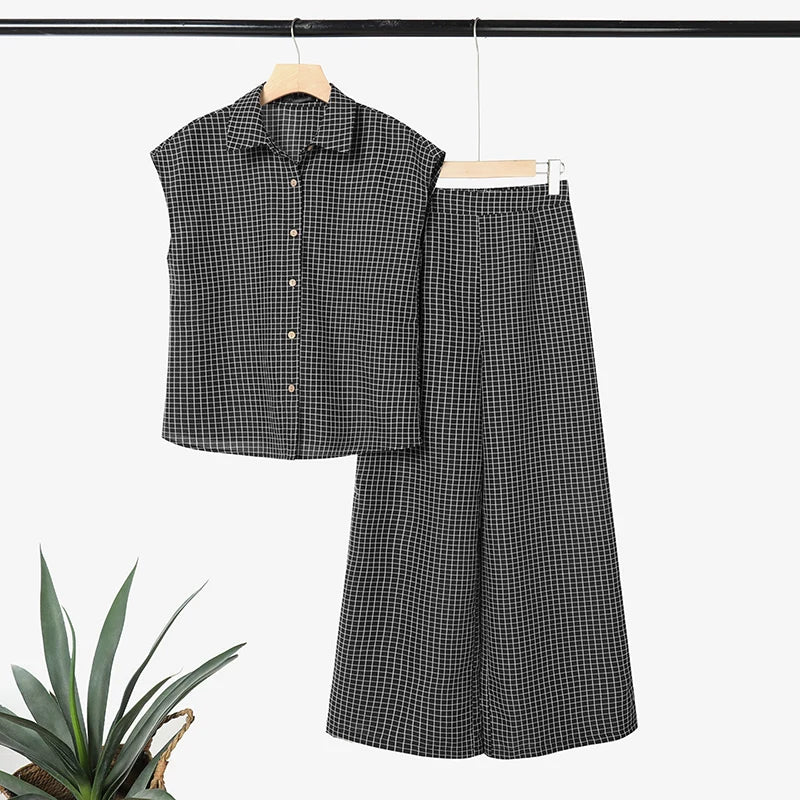 2026 ZANZEA Summer 2 Pieces Sets Elegant Lapel Neck Sleeveless Shirt Pant Sets Plaid Tracksuit Stylish Women OL Work Outfits