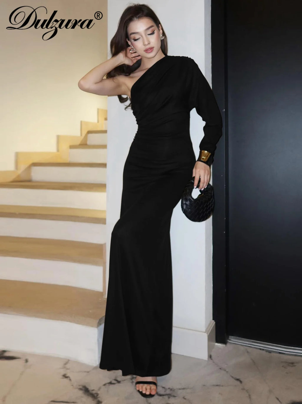 Dulzura One-Shoulder Long Sleeve Slim Fit Ruched Long Dress Women'S Solid Sexy Elegant Clothes Evening Party Club Autumn Clothes