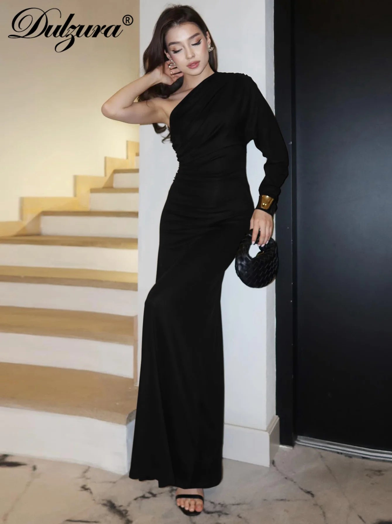 Dulzura One-Shoulder Long Sleeve Slim Fit Ruched Long Dress Women'S Solid Sexy Elegant Clothes Evening Party Club Autumn Clothes