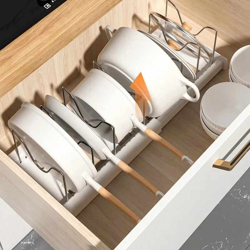 Expandable Kitchen Cabinet Pot Organizer - Adjustable Divider Rack, Multi-Use Storage Solution for Pots, Pans and Lids