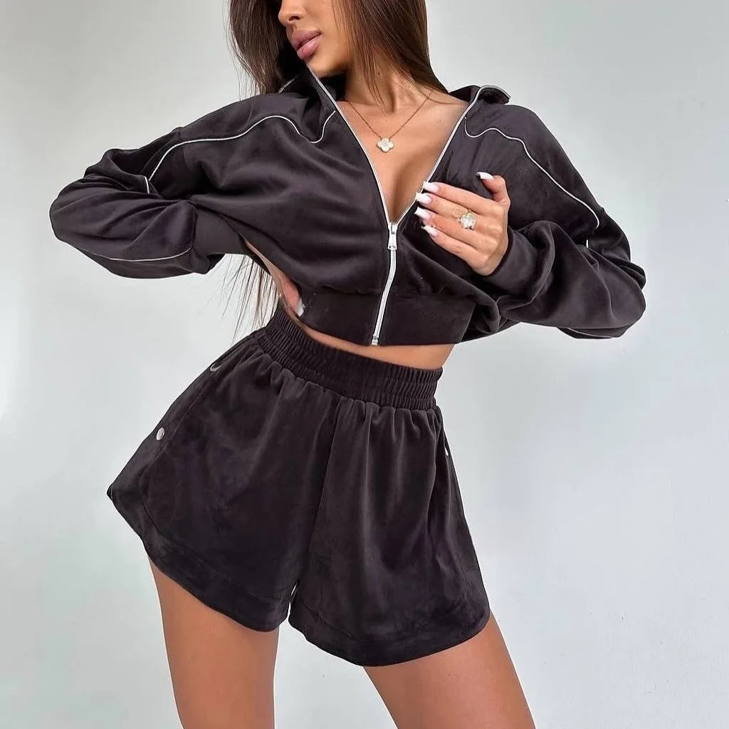 Summer Women Long Sleeved Zipper Two Piece Sets Top Elastic Shorts Outfits Fashion Striped Casual Suits Lapel Tracksuits 2026