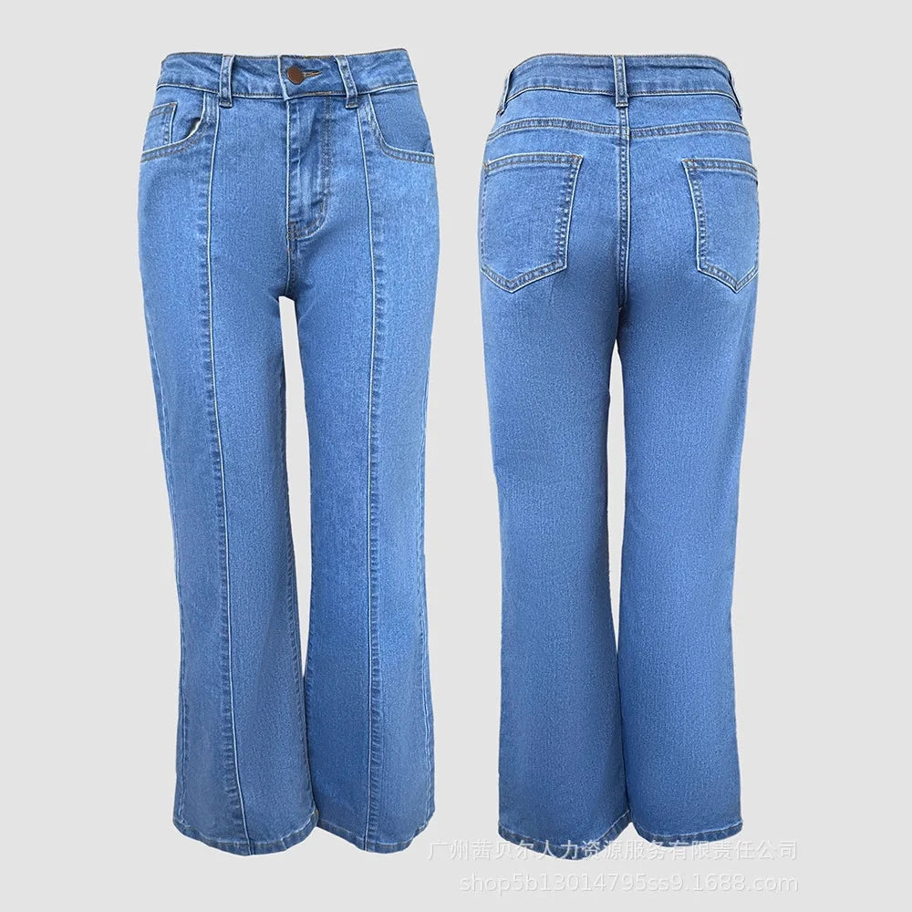 Women Spring Autumn Jeans Solid Color Button Wide Leg Pants High Waist Casual Fashion Comfortable Regular Standard Fit Trouser