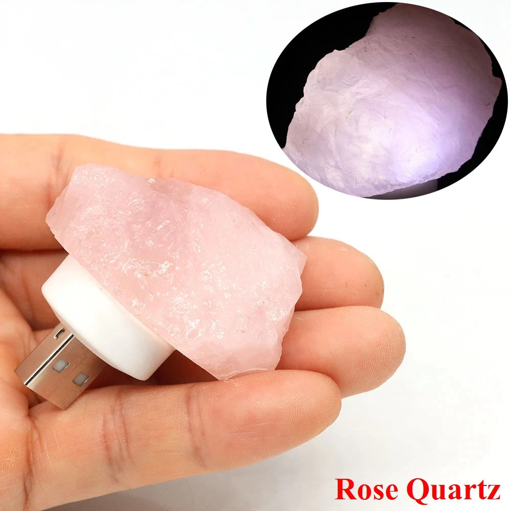 Natural Irregular Crystals Stone USB Light Rose Quartz Amethyst Raw Minerals Small Night Lamp Reiki Healing Bedroom Home Decor