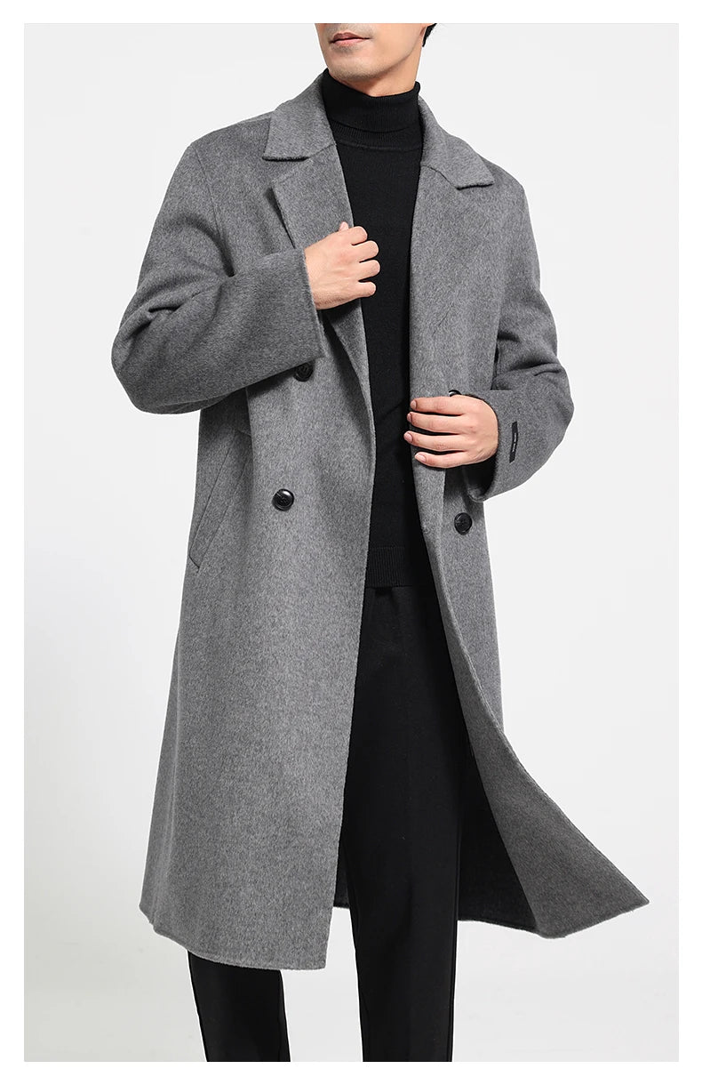 Men's 100% Cashmere Thick Double-Sided Extended Coat, Classic and Versatile Fashion for Business and Leisure