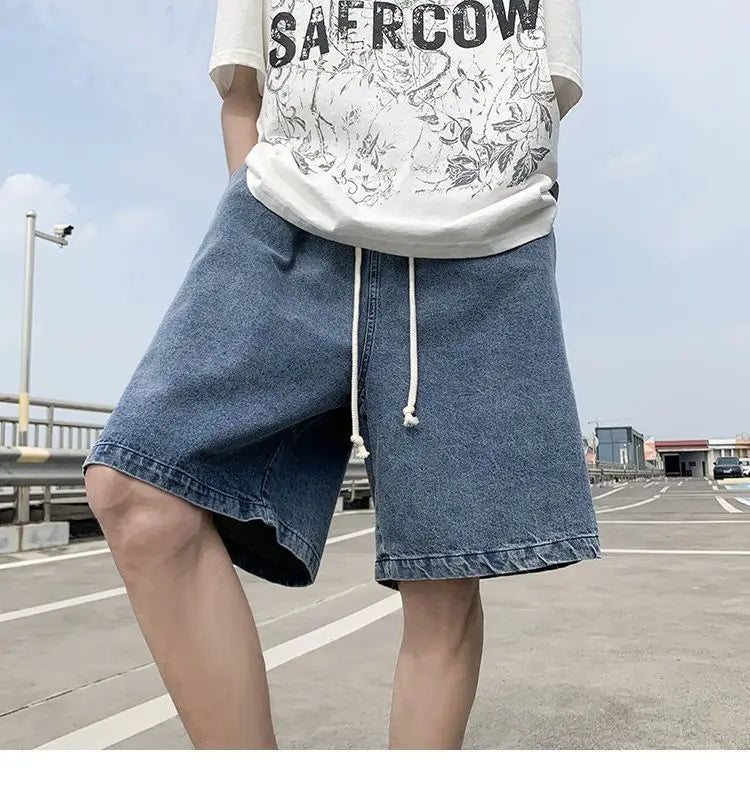 New Men's Fashion Vintage Jeans Summer Loose Casual Male Wide Leg Knee Length Shorts Washed Short Denim Pants Male Streetwear