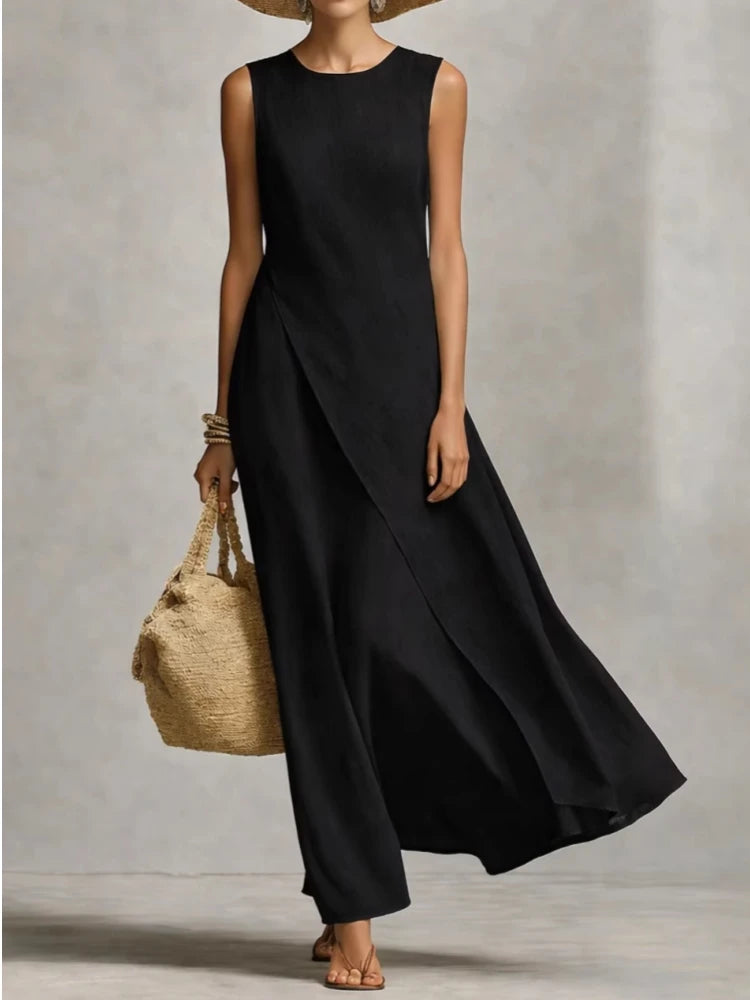 Summer Maxi Dresses For Women Casual O Neck Sleeveless Loose Asymmetrical Hem Long Dress Women Elegant Beach Vacation Sundress