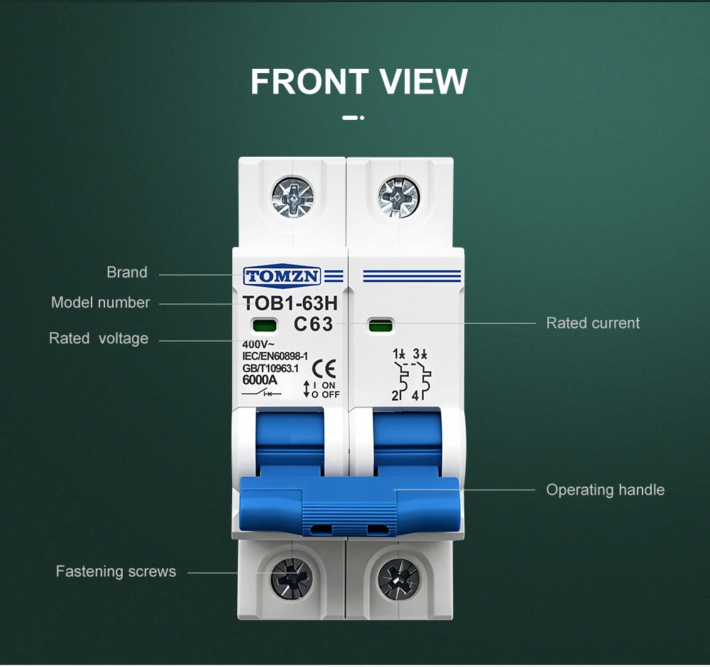 TOMZN 2P AC MCB TOB1-63H C Type 230/400V~ 50/60Hz Mini Circuit Breaker 3A 6A 10A 16A 20A 25A 32A 40A 50A 63A